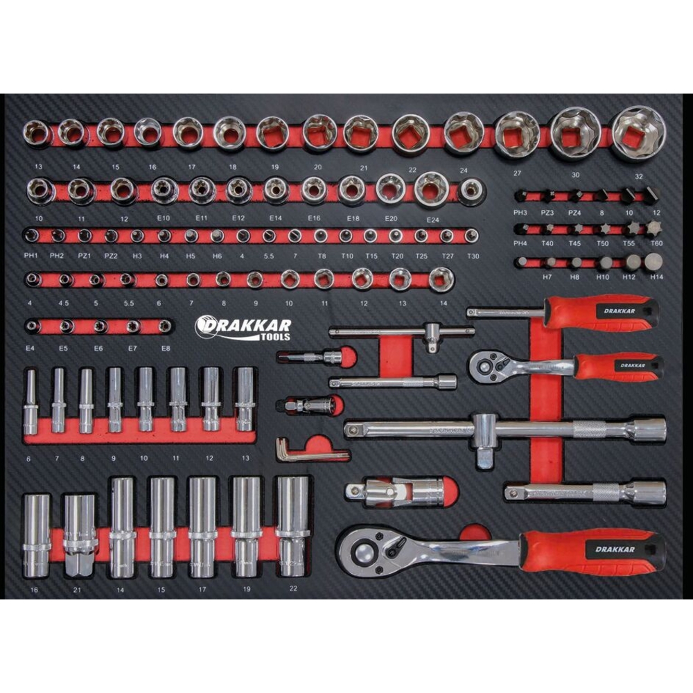 Servante d'atelier 7 tiroirs composée de 176 outils - modules finition carbone DRAKKAR TOOLS - 83880