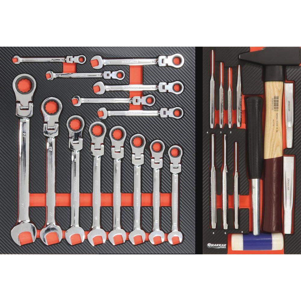 Module mousse 402x380mm carbone clés à cliquet articulées - 14 pcs DRAKKAR TOOLS - 09838