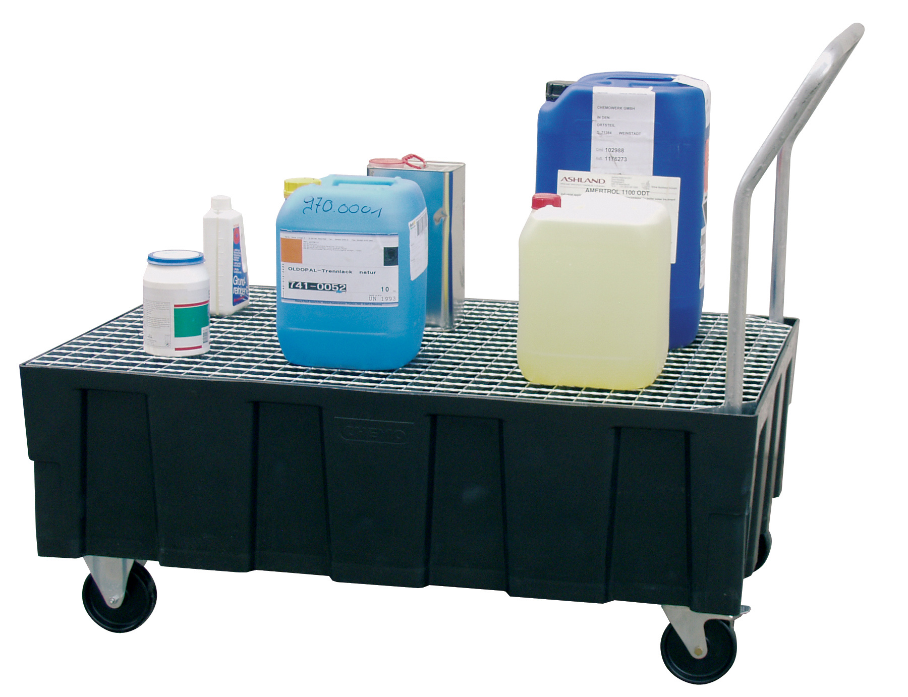 Bac EURO-PE mobil 2 roul+tes pivotantes freinées, 2 roul+tes fixes + guidon fixe CEMO - 8433