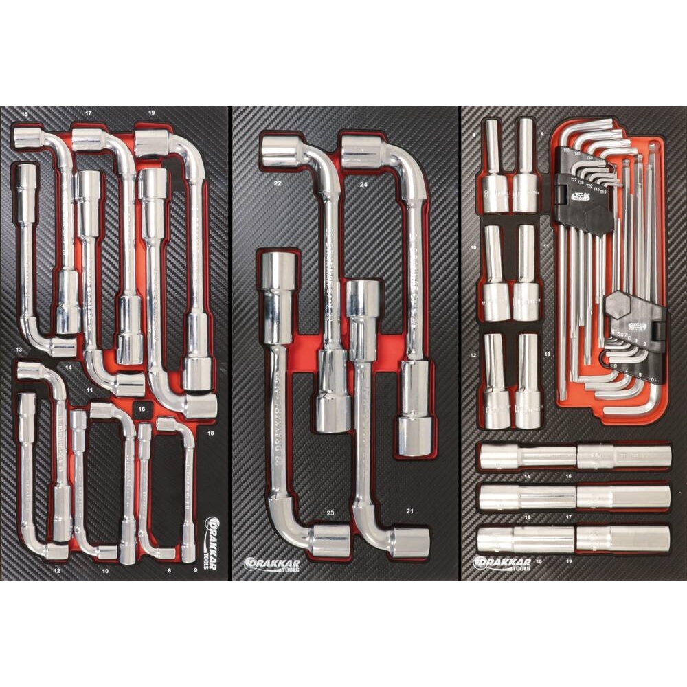 Module mousse 402x189mm carbone douilles longues 1/2" et clés mâles coudées - 31 pcs DRAKKAR TOOLS - 09868