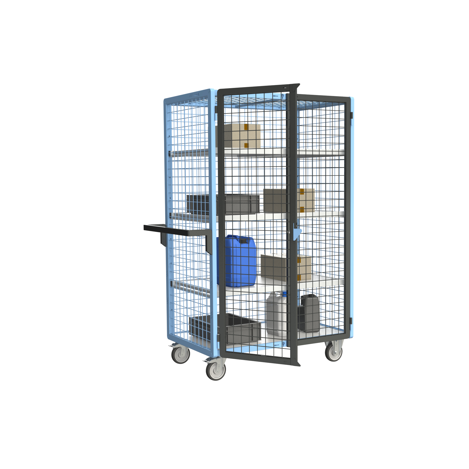 Servante grillagée 4 côtés, verrouillable, avec 3 étagères, plateau bois, 1000x600 mm, 250 kg - FIMM - 880725126