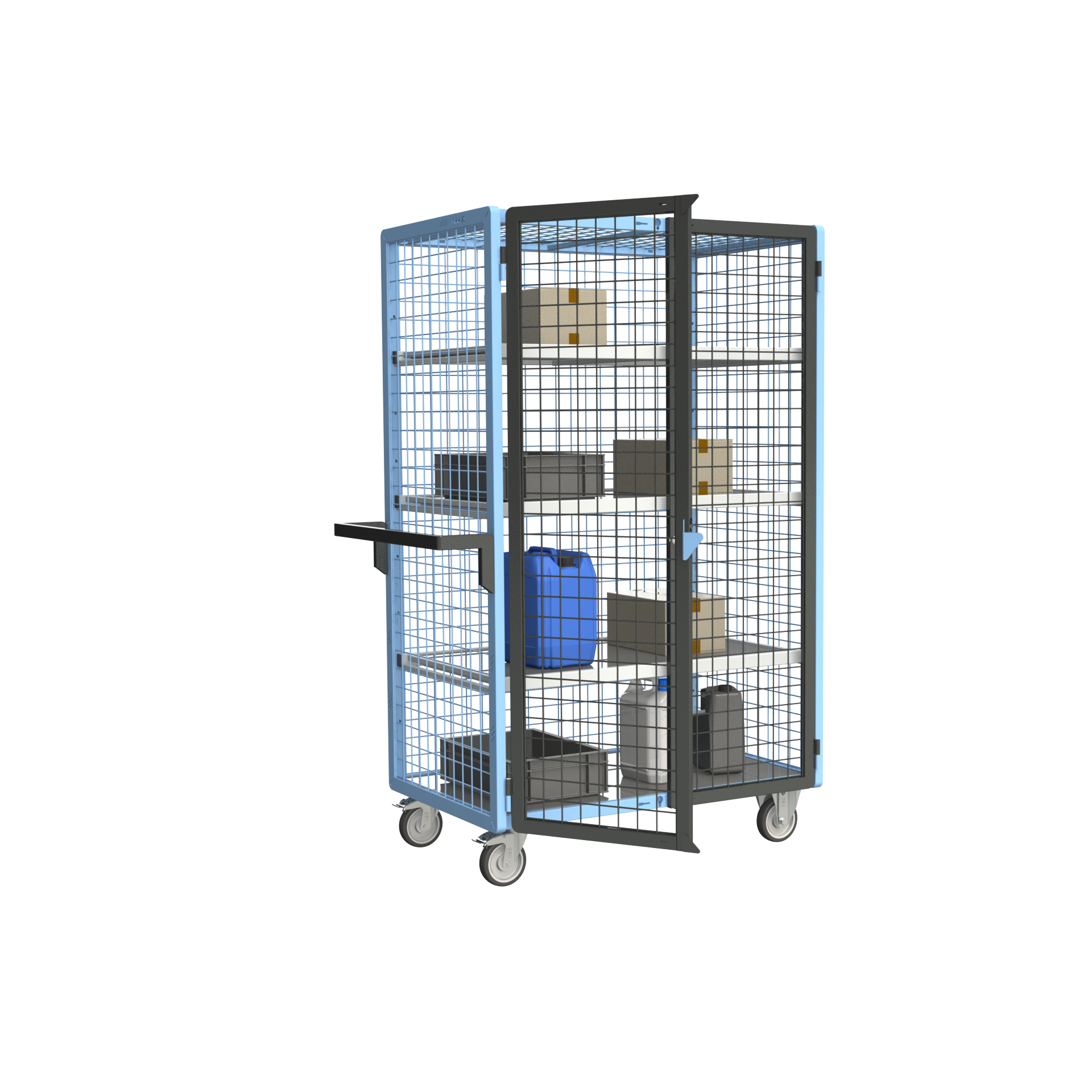 Servante grillagée 4 côtés, verrouillable, avec 3 étagères, plateau tôle galva, 1000x600 mm, 250 kg - FIMM - 880725156