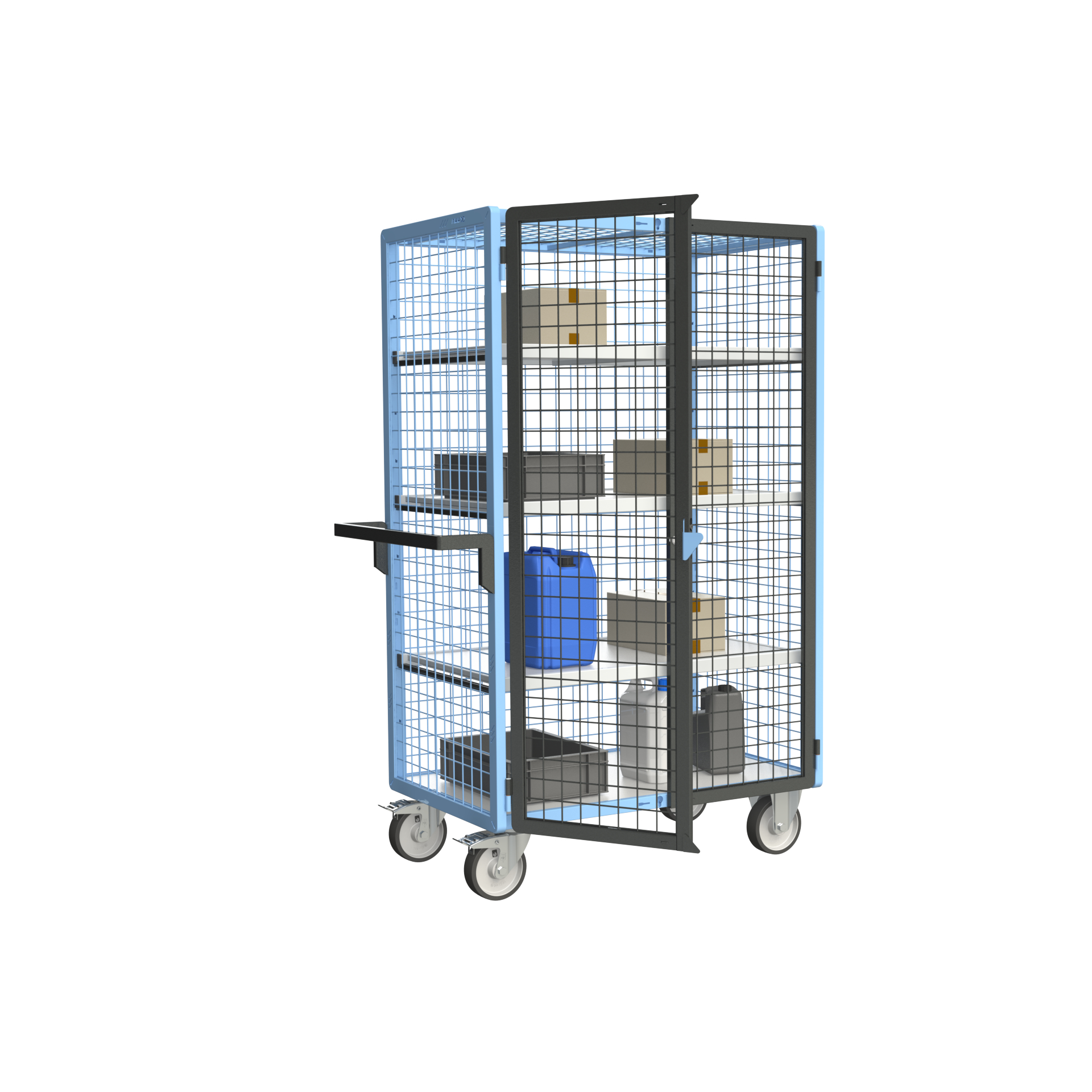 Servante grillagée 4 côtés, verrouillable, avec 3 étagères, plateau bois, 1000x600 mm, 500 kg - FIMM - 880725226