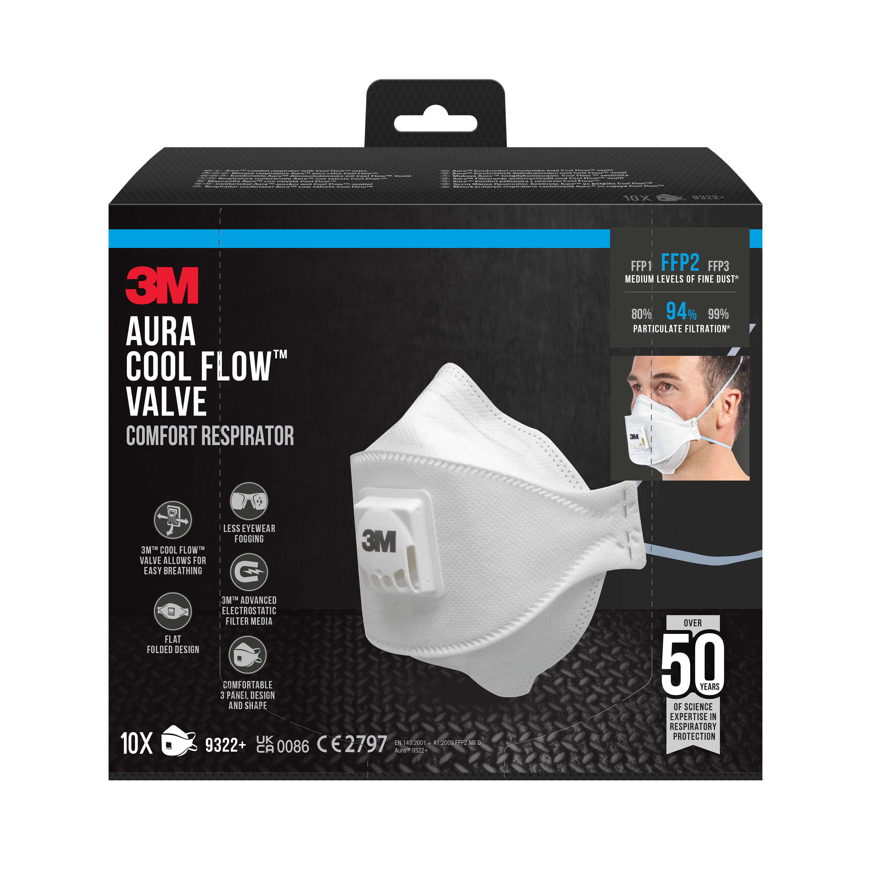 Masque antipoussière jetable FFP2 valve 9322+ - Lot de 10 - 3M - 9322P10 00