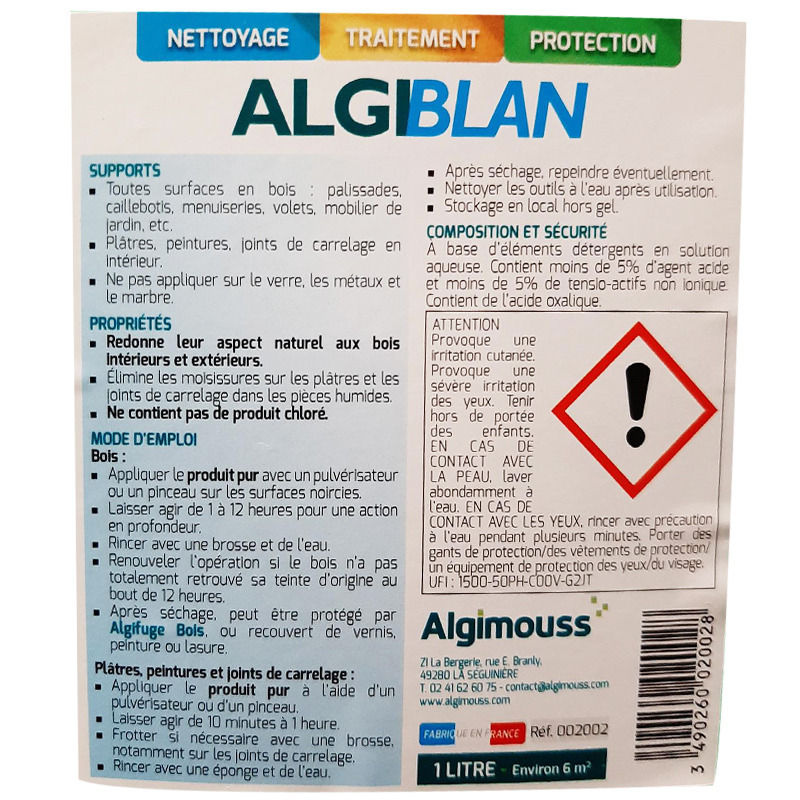 ALGIBLAN - 1 LITRE - Nettoyant bois noircis et moisissures ALGIMOUSS - 002002