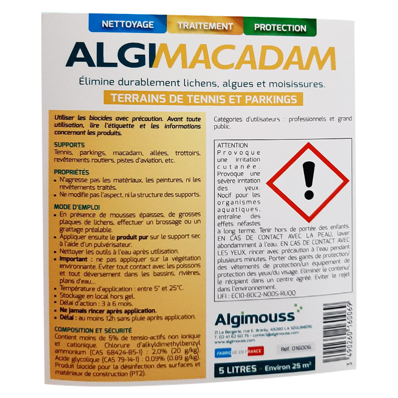 ALGIMACADAM - 5 LITRES - Traitement tennis, parkings, macadam ALGIMOUSS - 016006