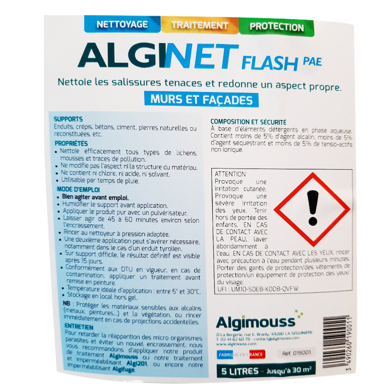 ALGINET FLASH PAE - 5 LITRES - Nettoyant façades prêt à l'emploi ALGIMOUSS - 019001