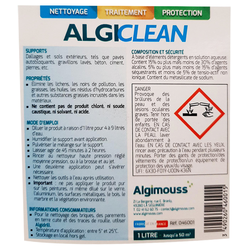 ALGICLEAN - 1 LITRE - Nettoyant et dégraissant dallages et sols ciment - concentré à diluer - 046001