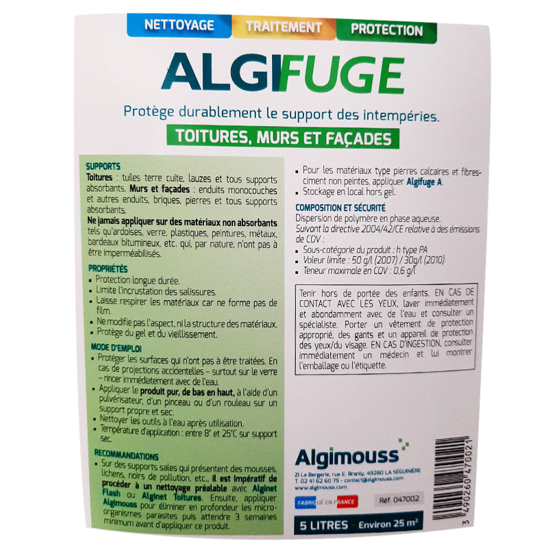 ALGIFUGE - 5 LITRES - Imperméabilisant toitures, murs, façades ALGIMOUSS - 047002