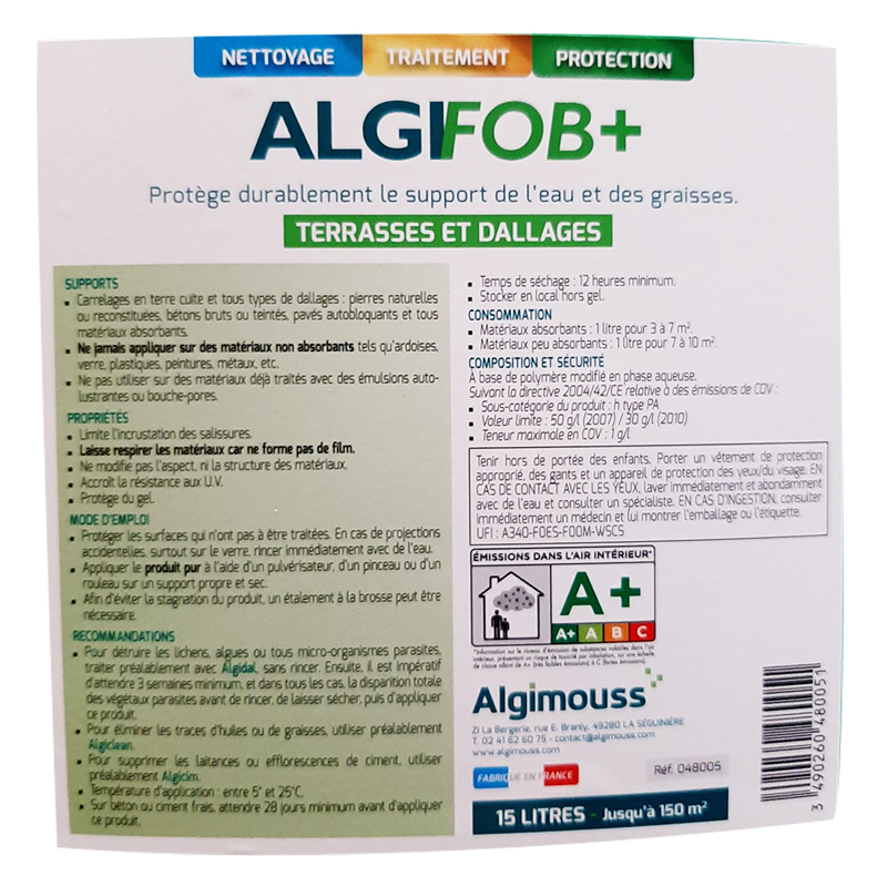 ALGIFOB+ - 15 LITRES Imperméabilisant eau + graisses pour dallages, carrelage ALGIMOUSS - 048005