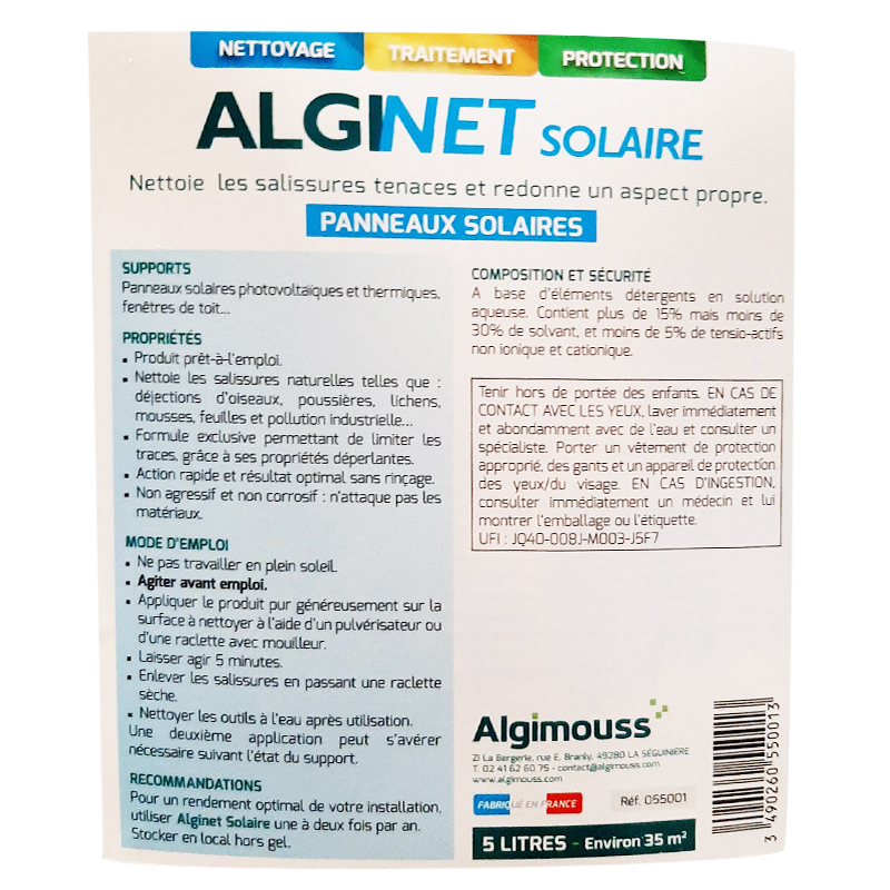 ALGINET SOLAIRE - 5 LITRES - Nettoyant panneaux solaires ALGIMOUSS - 055001