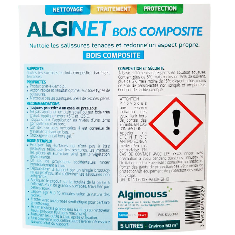 ALGINET BOIS COMPOSITE - 5 LITRES - Nettoyant bois composite ALGIMOUSS - 056002