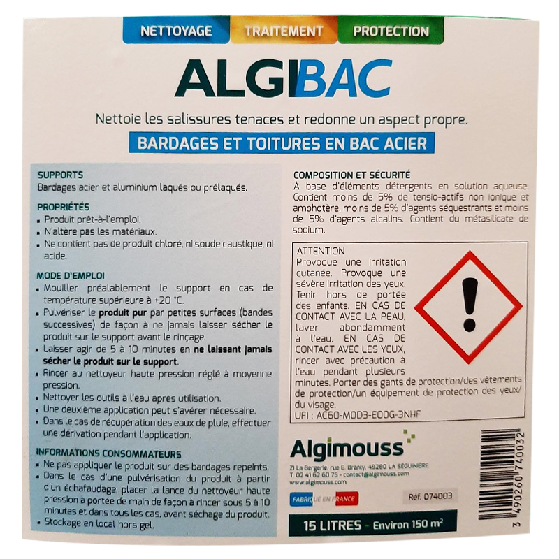 ALGIBAC - 15 LITRES - Nettoyant bardage ALGIMOUSS - 074003