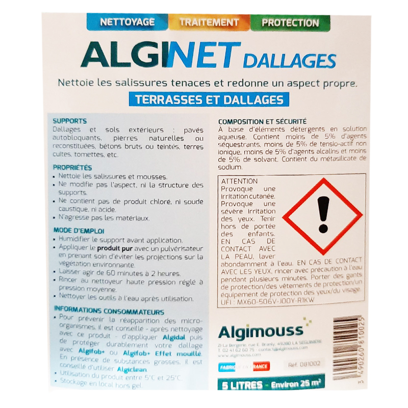 Nettoyant terrasse dallage et sol extérieur Bidon 5 L - Alginet Dallages ALGIMOUSS - 081002