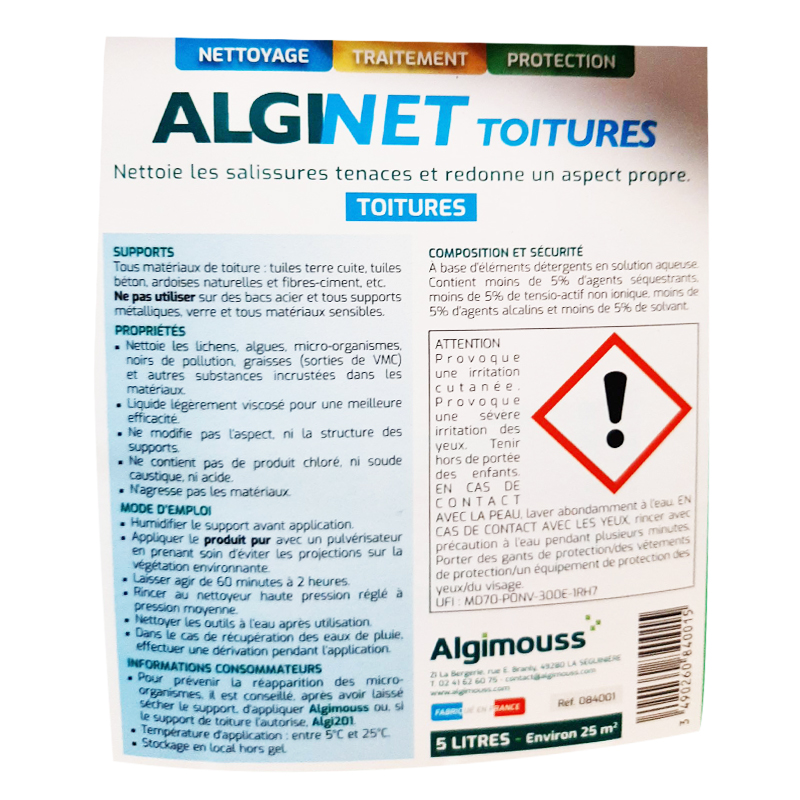 ALGINET TOITURES - 5 LITRES - Nettoyant toitures spécial lichens gris ALGIMOUSS - 084001