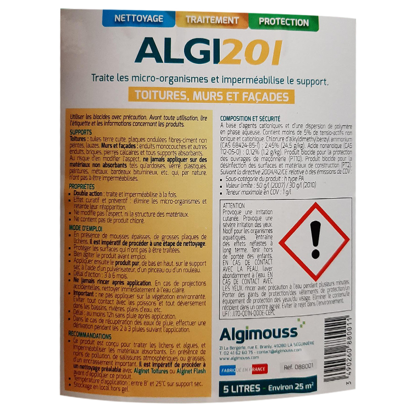 ALGI 201 - 5 LITRES - Traitement et imperméabilisant toitures, murs, façades ALGIMOUSS - 088001