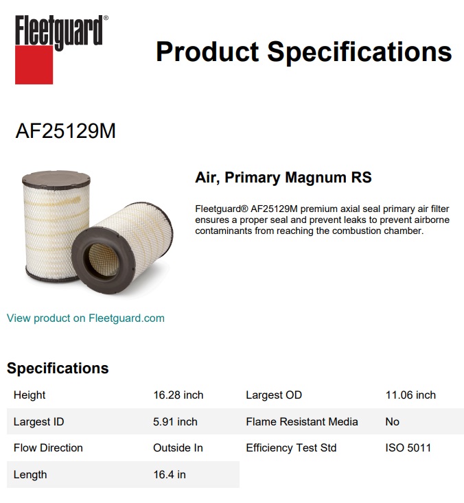 FILTRE A AIR FLEETGUARD AF25129M EQUIVALENT A HIFI SA 16015