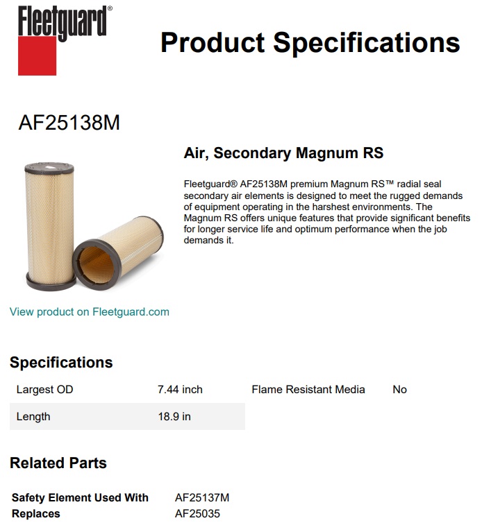 FILTRE A AIR FLEETGUARD AF25138M EQUIVALENT A HIFI SA 16024