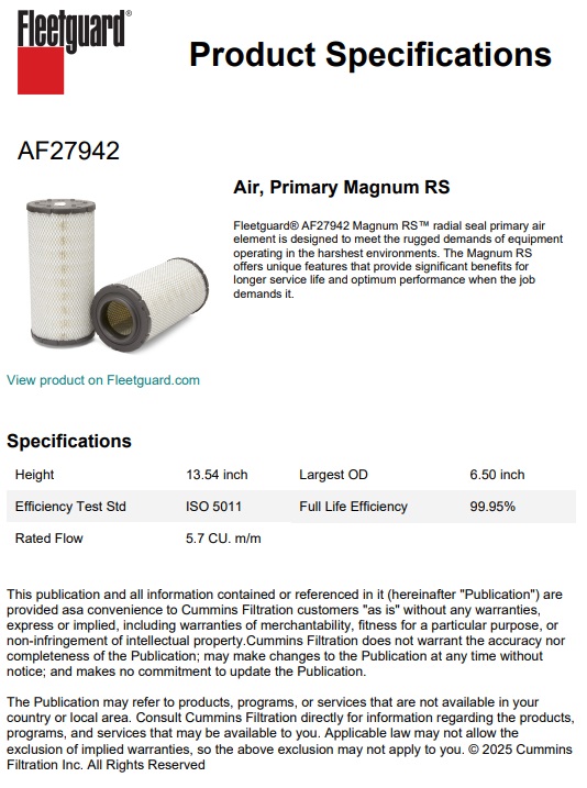 FILTRATION A AIR FLEETGUARD EQUIVALENT HIFI SA 16486