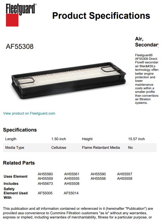 FILTRE A AIR FLEETGUARD AF55308 EQUIVALENT A HIFI SA 16745