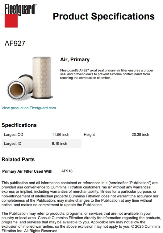 FILTRE A AIR FLEETGUARD AF927 EQUIVALENT HIFI SA 10877