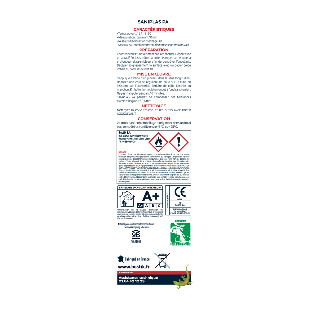 Colle tuyaux PVC SANIPLAS PA - 500ml - Lot de 12 - BOSTIK - 30020402
