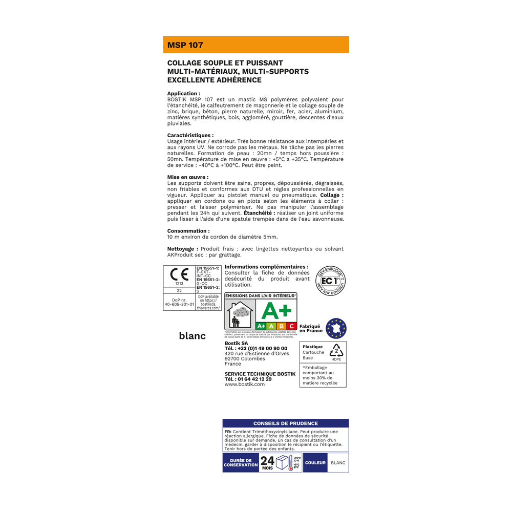 Mastic d'étanchéité et fixation MSP 107 - Blanc 290 ml - Lot de 12 - BOSTIK - 30114280