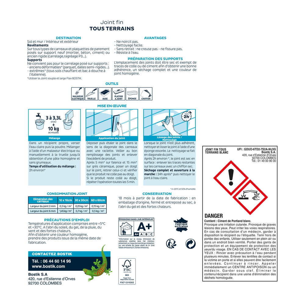 Joint Fin Tous terrains Joint carrelage - Blanc 1,5kg - Lot de 2 - BOSTIK - 30121643