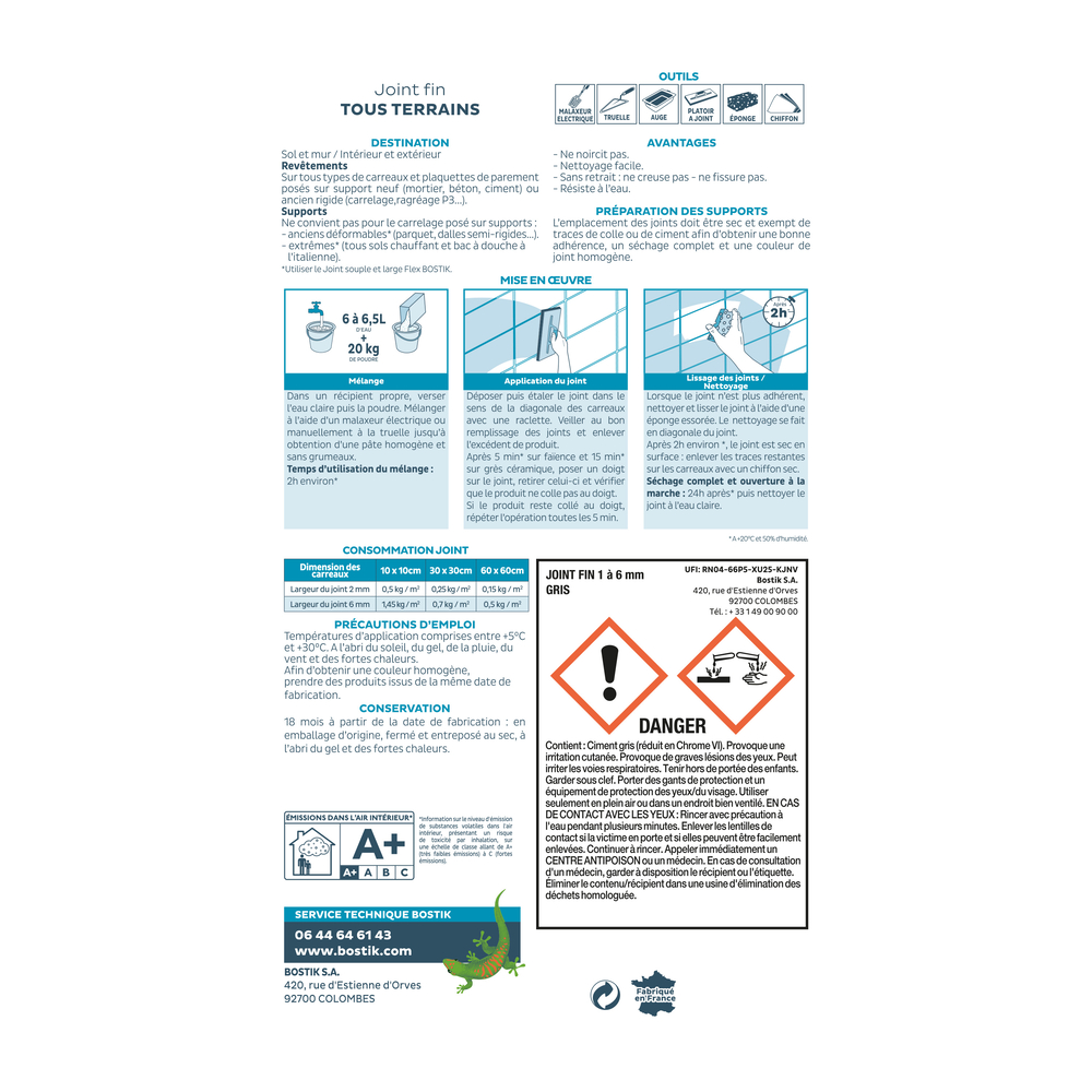 Joint Fin tous terrains Joint carrelage - Gris 20kg - BOSTIK - 30121652