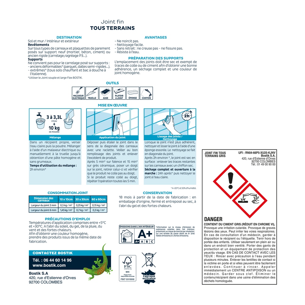 Joint Fin Tous terrains Joint carrelage - Gris 10kg - Lot de 2 - BOSTIK - 30121653