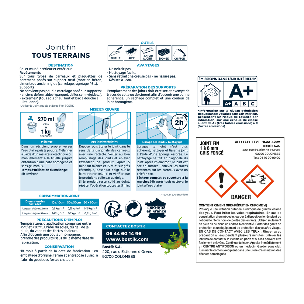 Joint Fin Tous terrains Joint carrelage - Gris foncé 1kg - Lot de 6 - BOSTIK - 30121990