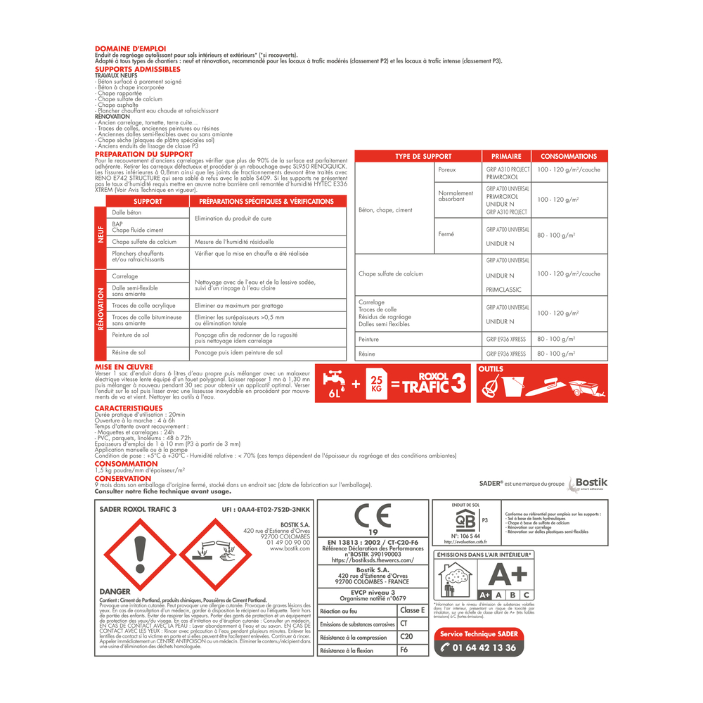 Sader ROXOL TRAFIC 3 - Ragréages - 25KG - BOSTIK - 30122900