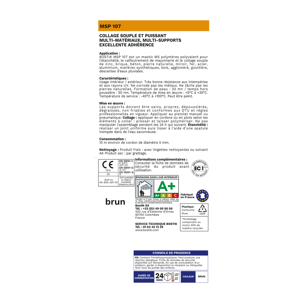 Mastic d'étanchéité et fixation MSP 107 Brun 290 ml - Lot de 12 - BOSTIK - 30130015