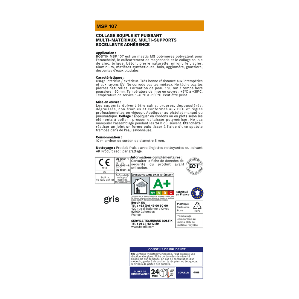 Mastic d'étanchéité et fixation MSP 107 Gris 290 ml - Lot de 12 - BOSTIK - 30131383