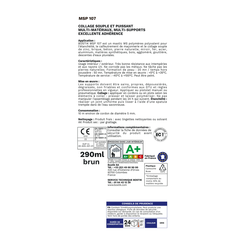 Mastic d'étanchéité et fixation MSP 107 Gris 290 ml - Lot de 12 - BOSTIK - 30131383