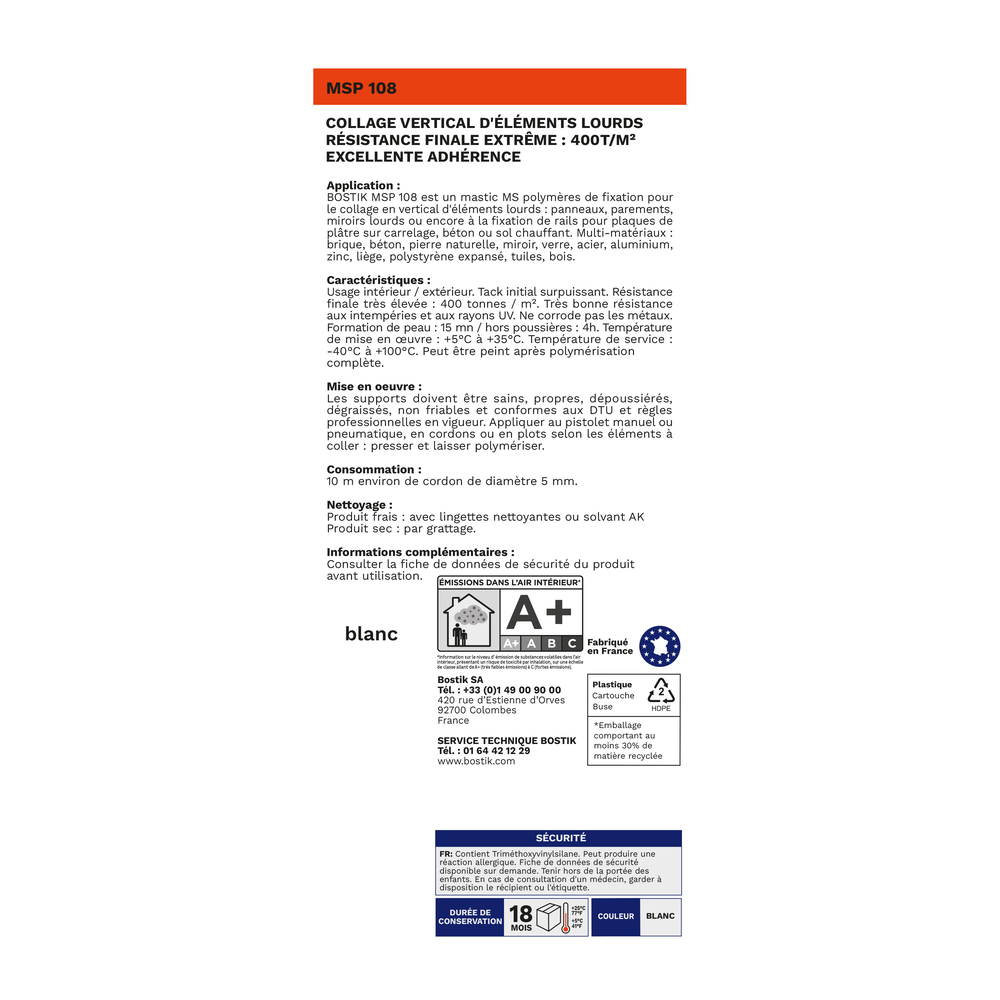 Mastic fixation multi-matériaux MSP 108 Blanc 290 ml - Lot de 12 - BOSTIK - 30133127