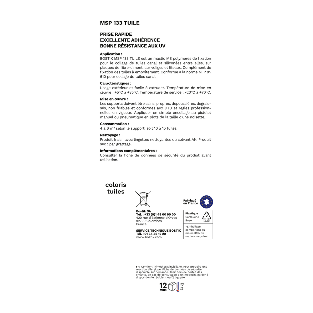 Mastic de collage spécial tuiles MSP 133 Brun - 290ml - Lot de 12 - BOSTIK - 30135103