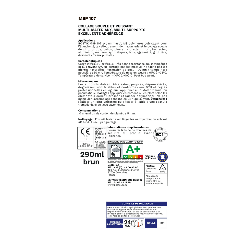 Mastic d'étanchéité et fixation MSP 107 Noir 290 ml - Lot de 12 - BOSTIK - 30139561