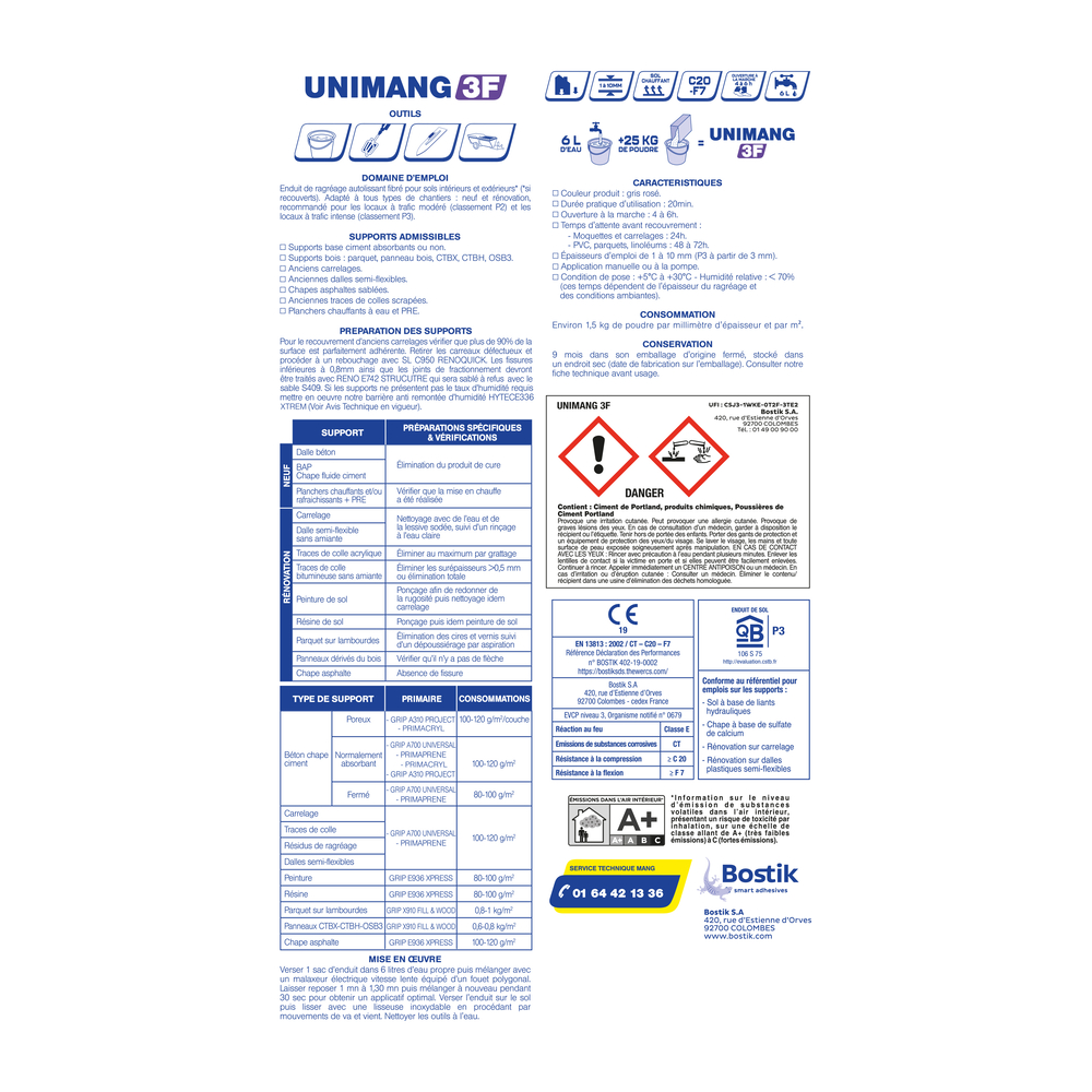 UNIMANG 3F Enduit de ragréages - 25KG - MANG - 30503200