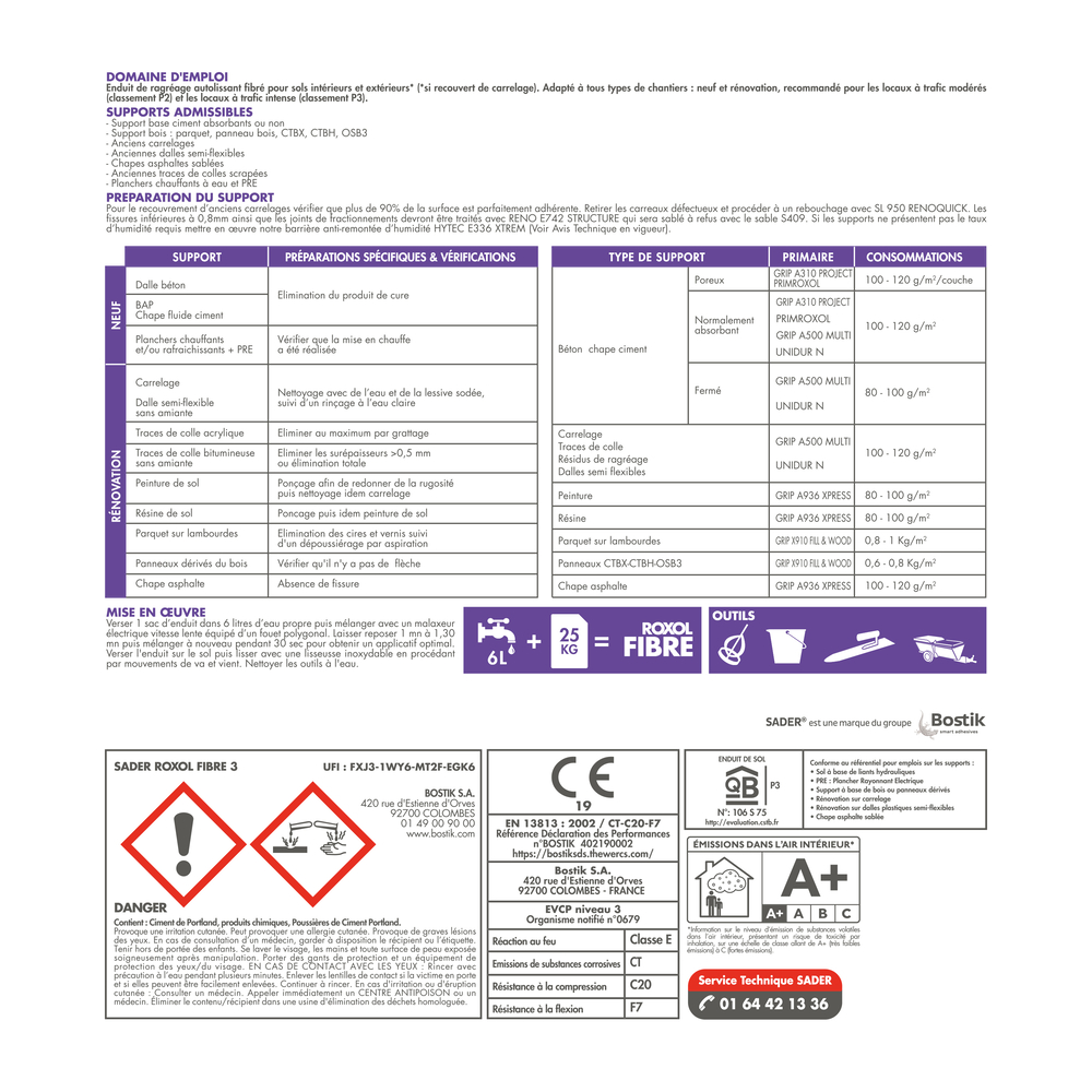 Sader ROXOL FIBRE - Ragréages - Gris - 25kg - BOSTIK - 30503202