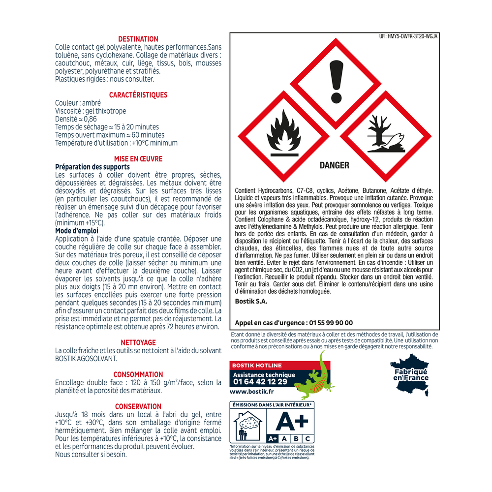 Colle néoprène GEL 1400 Transparente 125 ml - Lot de 12 - BOSTIK - 30504070