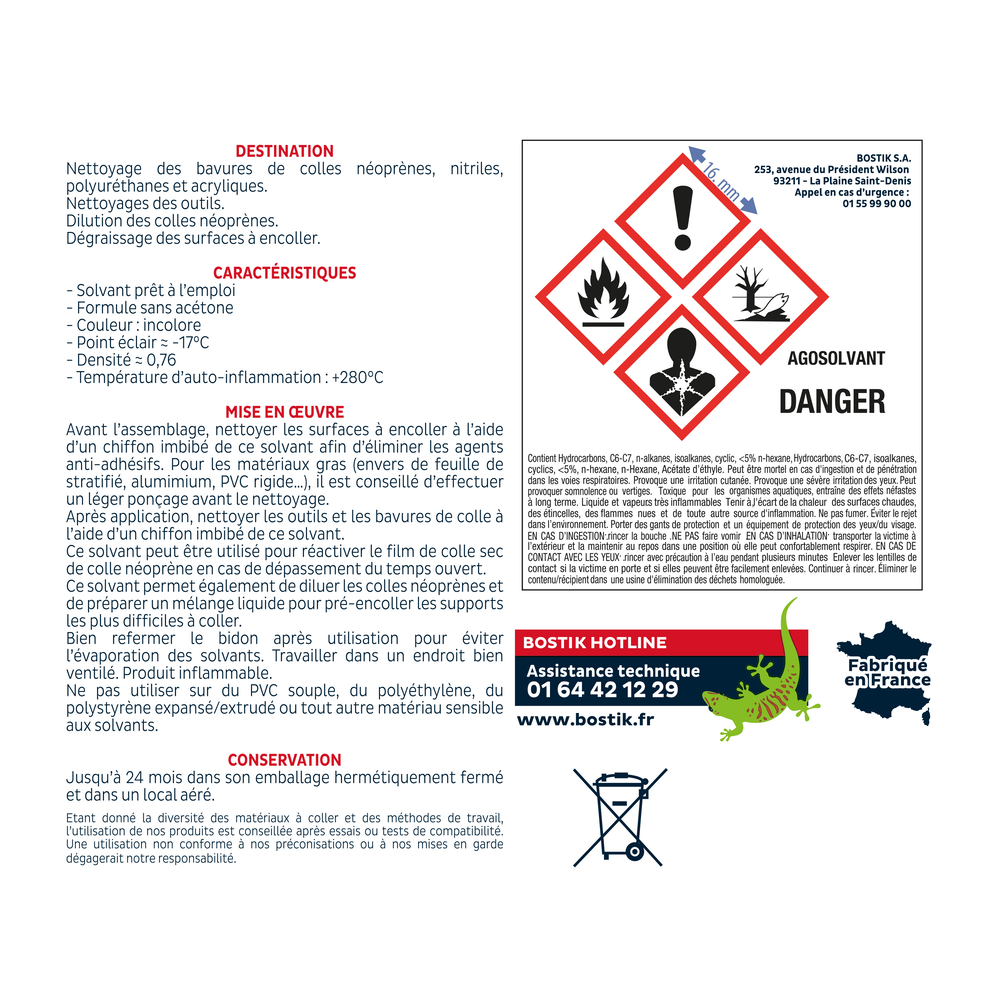 Nettoyant pour colles néoprènes AGOSOLVANT - 1L - Lot de 6 - BOSTIK - 30511310