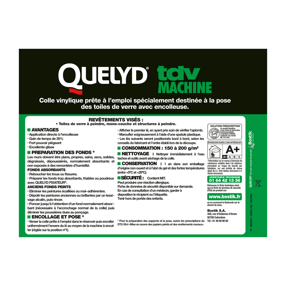 Colle toile de verre TDV machine - Spécial encolleuse - Blanc 20kg - QUELYD - 30602591