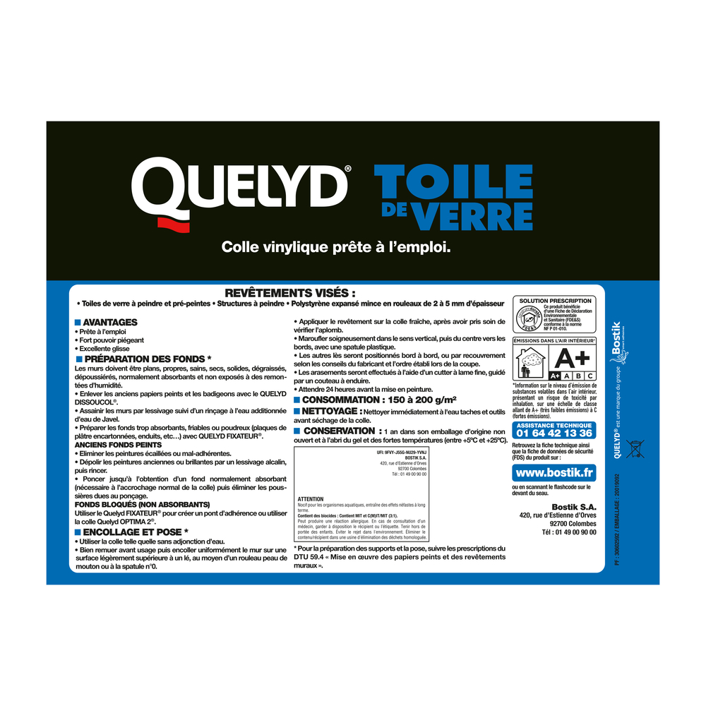 Colle vinylique Spécial toile de verre - Blanc - 20kg - QUELYD - 30602592