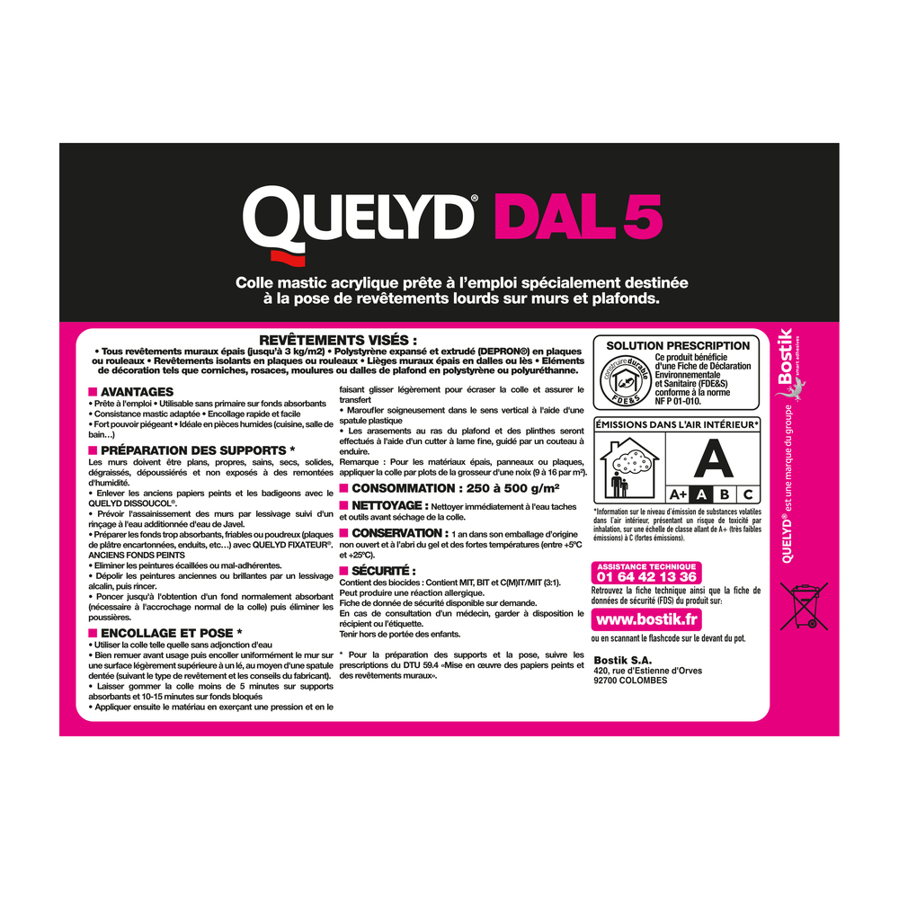 Colle mastic polyvalente spécial isolation DAL 5 - 6,5KG - QUELYD - 30602599