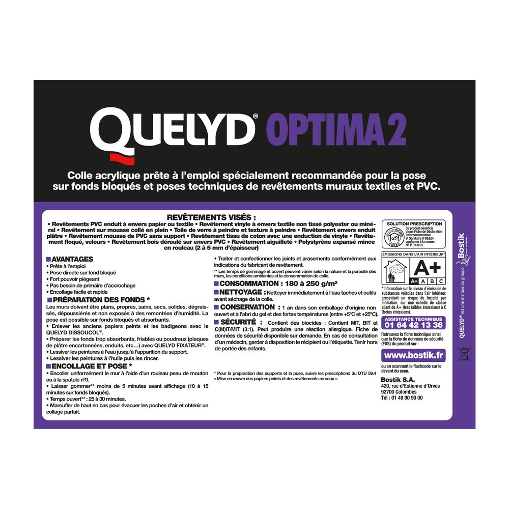 Colle pour revêtements muraux Optima 2 - 20KG - QUELYD - 30602607