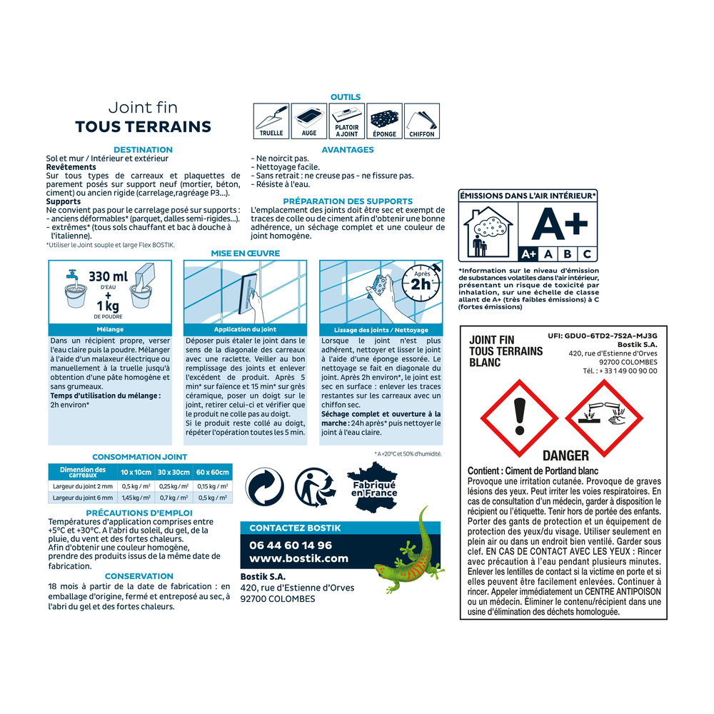 Joint Fin Tous terrains Joint carrelage - Blanc 1kg - Lot de 6 - BOSTIK - 30604101