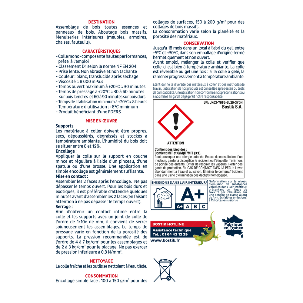 Colle vinylique bois R22 - Blanc - 750G - Lot de 12 - BOSTIK - 30604648