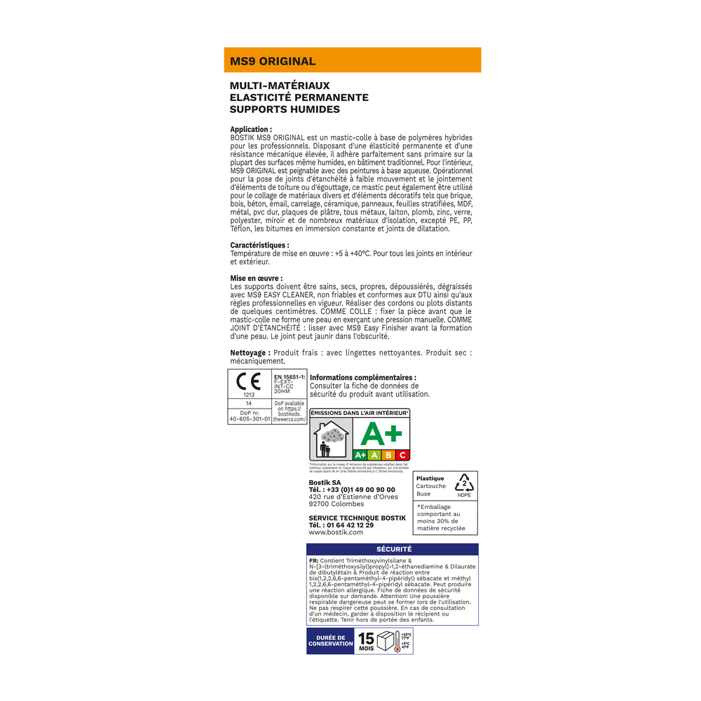 Mastic 2 en 1 colle polymères hybrides MS9 original Transparent 300ml - Lot de 12 - BOSTIK - 30613195