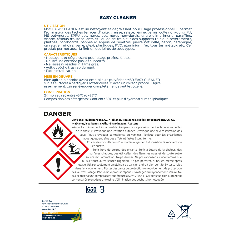 Spray nettoyant finitions chantier MS9 easy cleaner 500 ml - Lot de 12 - BOSTIK - 30613369